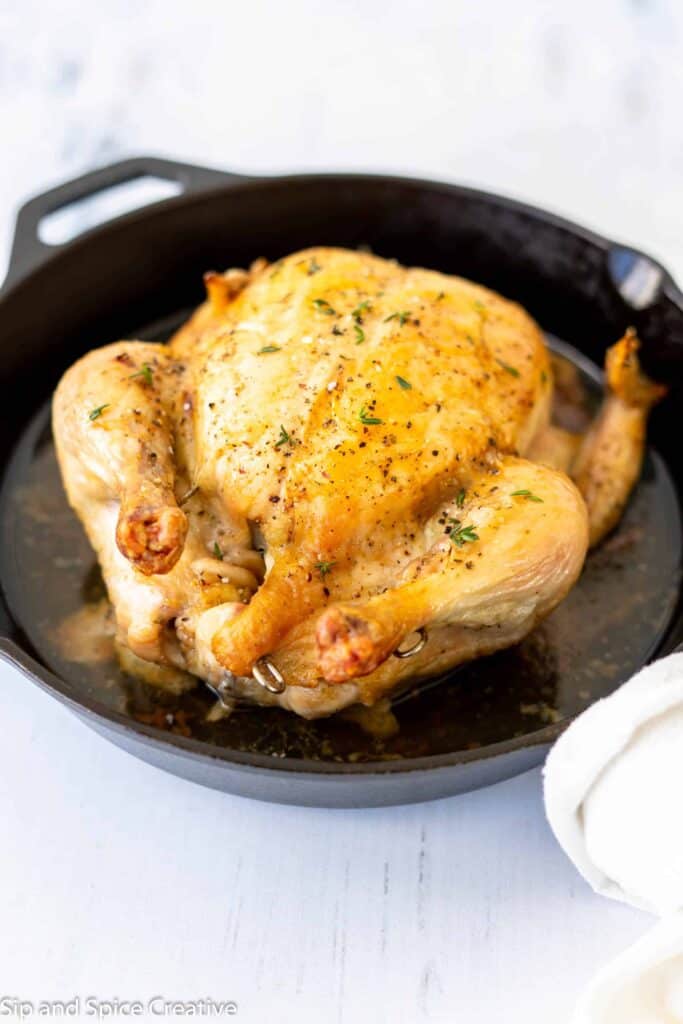 crispy roast chicken in a cast iron skillet