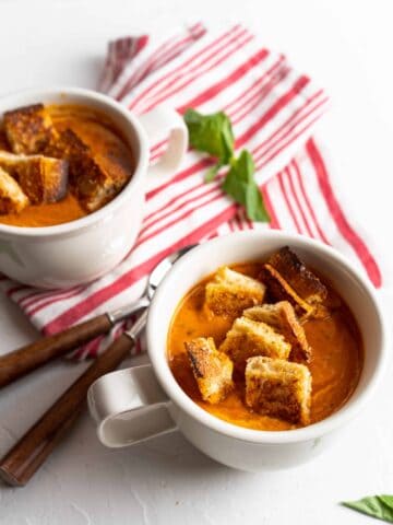 Roasted Tomato Basil Soup with Grilled Cheese Croutons | Sip and Spice