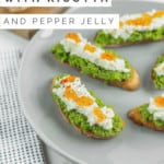 Pea Pesto Crostini with Ricotta and Red Pepper Jelly | Sip and Spice #easterbrunch #brunch #springrecipe #peapesto #pesto #crostini #cleaneating #healthyappetizer #appetizerideas #easterrecipes #easter #pestocrostini