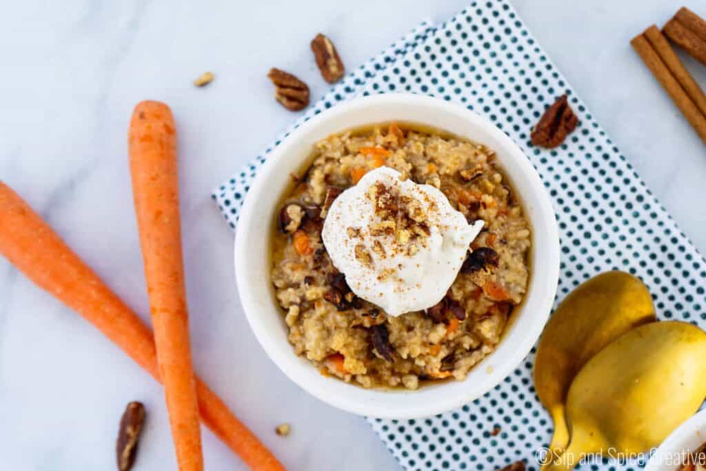 Vegan Carrot Cake Oatmeal with Coconut Whip | Sip and Spice