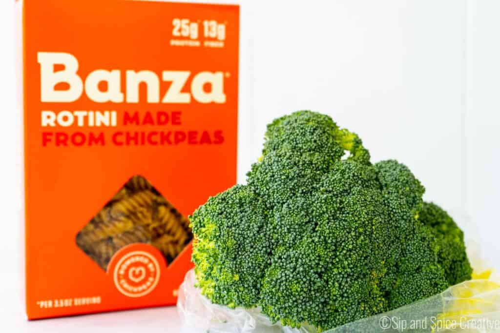 banza pasta box with head of broccoli