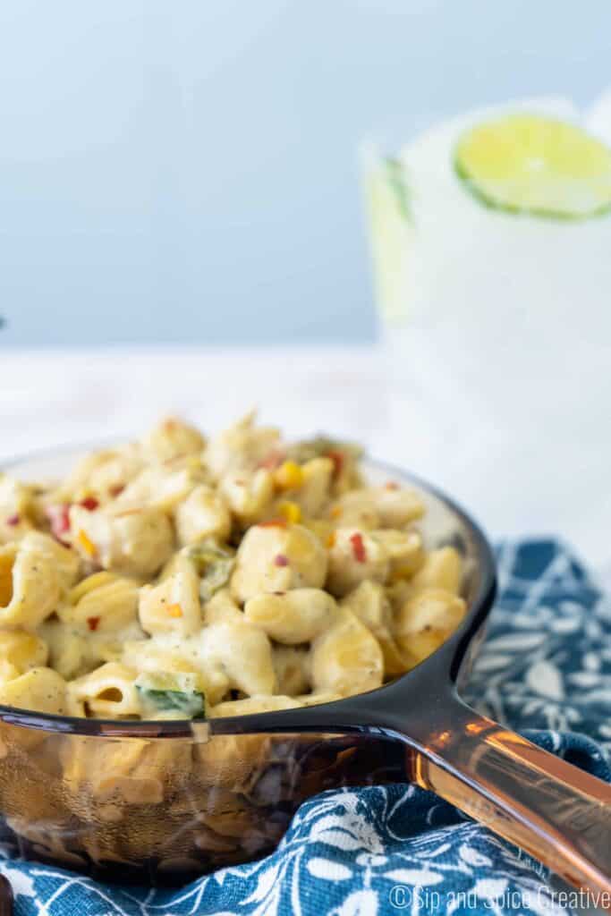 skillet with vegan mac and cheese with roasted vegetables