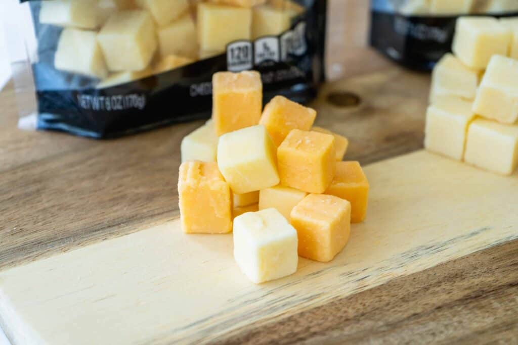 closeup of cheese cubes pile