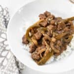 Final Image of Easy Italian Pepper Steak and Rice with gold fork | Sip and Spice