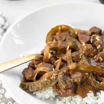 Closeup image of finished Easy Italian Pepper Steak and Rice | Sip and Spice