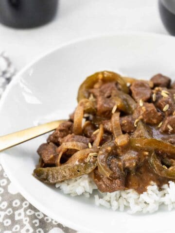 Closeup image of finished Easy Italian Pepper Steak and Rice | Sip and Spice
