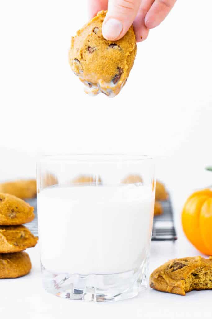 pumpkin chocolate chip cookie dipped in a glass of almond milk