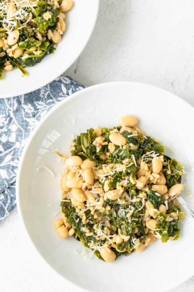 two bowls of greens and beans risotto