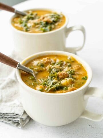Creamy Sweet Potato Kale Soup with Sausage | Sip and Spice