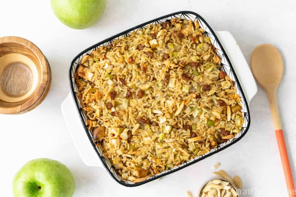Whole pan of Sausage and Rice Stuffing with Apples and Almonds