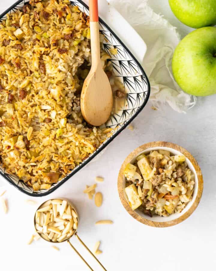 Sausage and Rice Stuffing with Apples and Almonds | Sip and Spice