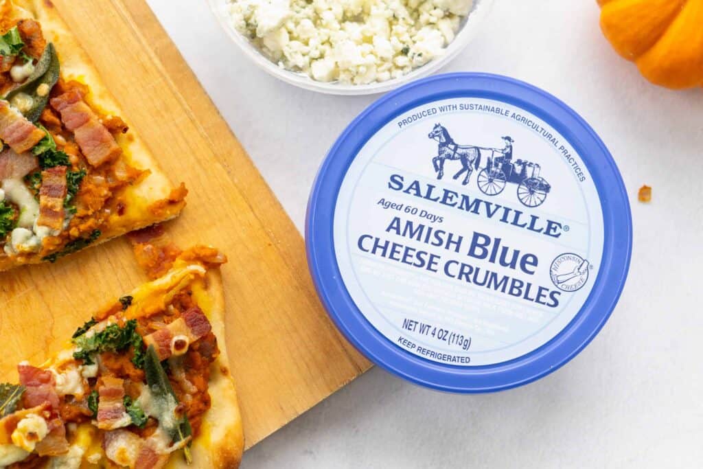 Blue cheese crumbles and wooden pumpkin flatbreads