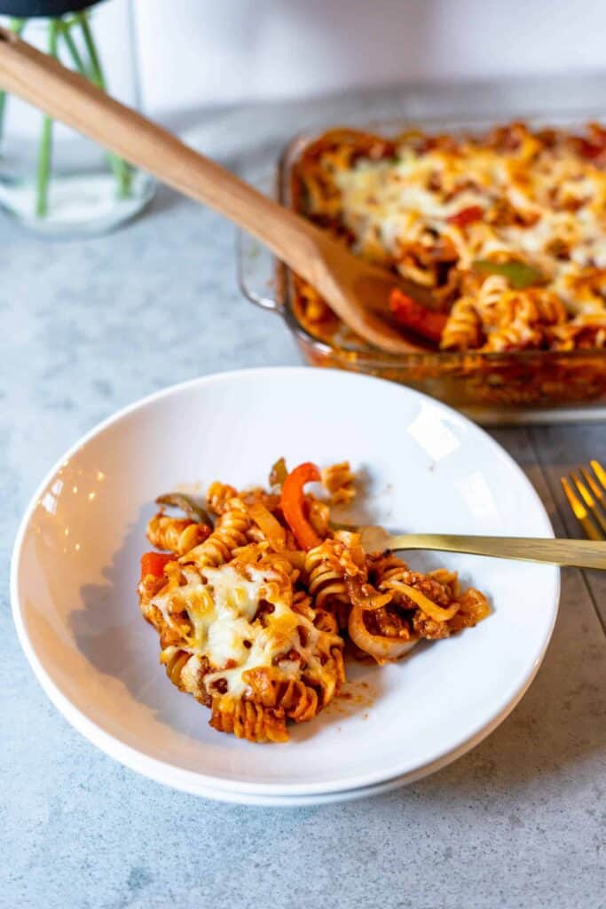 Sausage Pasta Bake with Peppers and Onions | Sip and Spice