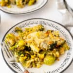 Close up white and blue plate of cheesy winter vegetables gratin with a wooden fork